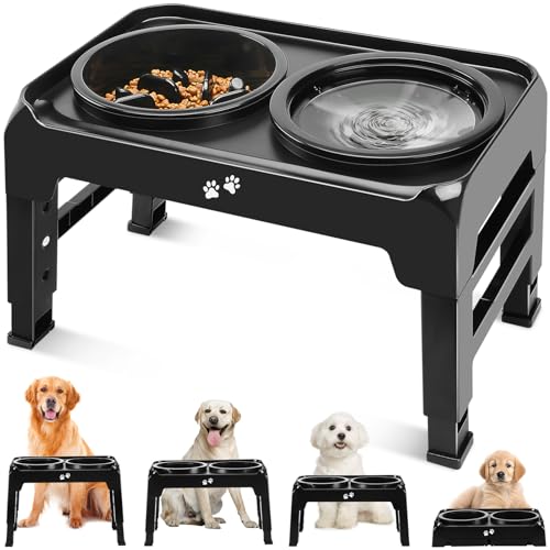 Elevated Dog Bowls 2-in-1 Slow Feeder Dog Food Bowls for Small Medium Dogs 3 Height Adjustable Raised Dog Bowl Stand Non-Slip Dog Feeder Adjusts to 2.75", 6", 7.5", Black