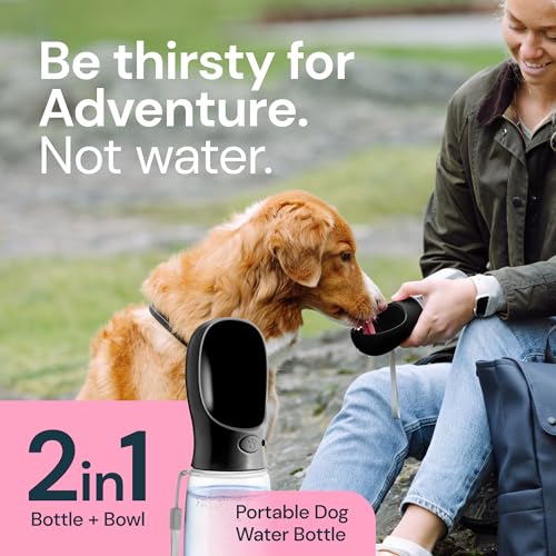 MalsiPree Dog Water Bottle Portable – Leak Proof and Lightweight Water Bottle for Dogs – Dog Travel Water Bottle with Bowl – Dog Walking Accessories (12OZ, Black)