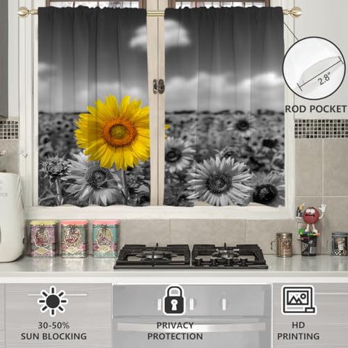 AAtter Sunflower Window Curtains for Kitchen Yellow and Grey Floral Flower Rustic Black Small Short Home Living Room Bedroom Bathroom Drapes Treatment Tiers Fabric 1 Pair, 27.5" W x 39" L, Nature