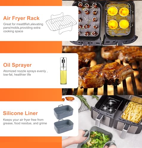 Silicone Air Fryer Liners for Ninja DZ201, 7PCS Air Fryer Accessories for Ninja Dual 8QT Air Fryers, Including Air Fryer Rack, Paper Liner etc (7Pcs - Oil Sprayer Set)