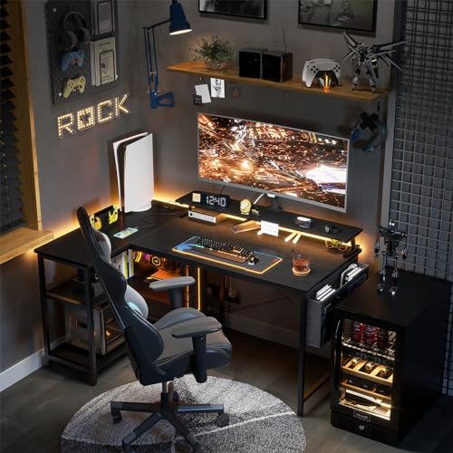 ODK 40 Inch Gaming Desk with USB Power Outlets and LED Lights, Reversible L Shaped Computer Desk with Storage Shelves & Monitor Stand, Corner Home Office Desk Table, Carbon Fiber Surface, Black