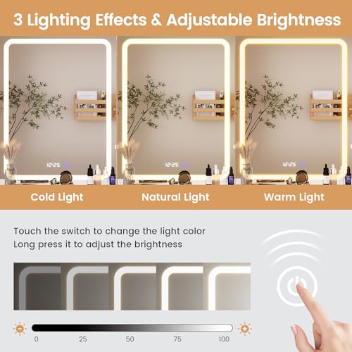 Tiptiper Large Vanity Desk with Mirror and Lights, Makeup Vanity with Lights and Charging Station, Vanity Table with Smart Mirror with Time Display, Makeup Table with 5 Drawers, White