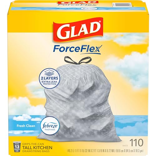 Glad Tall Kitchen Drawstring Trash Bags - Odorshield 13 Gallon White Trash Bag, Febreze Fresh Clean, 110 Count