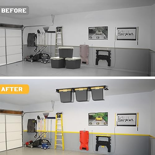 WALMANN Overhead Tote Storage Rail System, Garage 16" Joists Ceiling Bin Storage Rack Heavy Duty Adjustable Tote Slide Garage Storage System(for 3 Bins, Bins are not included)