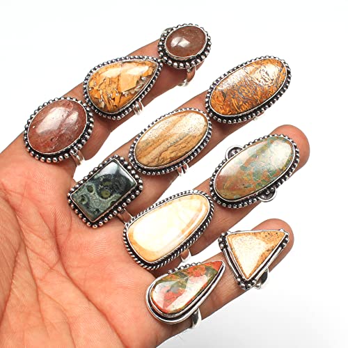 Carats Chunky Silver Rings Pack for Women - 10 Pcs - Stackable Fashion Ring Set, Silver Plated Statement Knuckle Handmade Gemstone Gothic Vintage Rings for Women