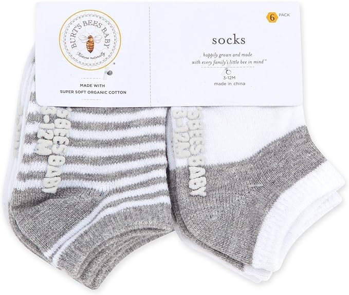 Burt's Bees Baby Baby Socks, 6-Pack Ankle or Crew with Non-Slip Grips, Made with Organic Cotton, Pink Blossom Multi, 4-5T