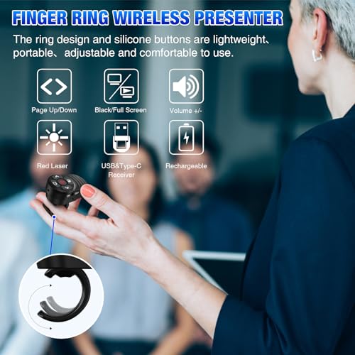 Rechargeable 2-in-1 USB Type C Wireless Presentation Clicker, Finger Ring Presentations Powerpoint Clicker with Light Pointer and Volume Control,Wireless Presenter Remote for MAC Computer Laptop