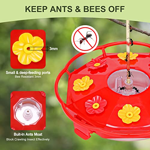 Rihogar Plastic Hummingbird Feeders for Outdoors Hanging, 2 Pack Humming Bird Feeders with Buckle, 6 Feeding Ports, Built-in Ant Moat, Wild Bird Feeder for Outside Garden, Leak-Proof, Red (12 oz)