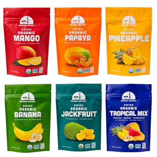 Mavuno Harvest Organic Dried Fruit Variety Pack | Dried Mango, Pineapple, and Jackfruit | Healthy, Vegan, No Sugar Added, Non GMO Snacks for Kids & Adults | 2 Ounce, Pack of 3