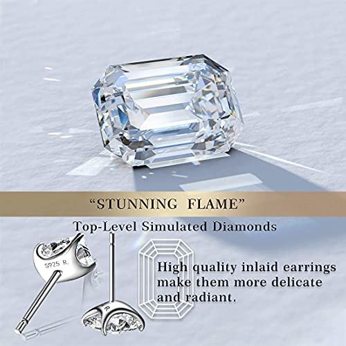 "STUNNING FLAME" 18K White Gold Plated 925 Sterling Silver Cubic Zirconia Emerald Cut Stud Earrings | CZ Studs for Women, Men and Girls (Emerald,4)