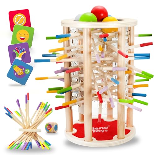 Nene Toys BALLFALL, 4-in-1 Montessori Game with Colorful Sticks, Dice & Cards for Kids 3+ Years Old - Wooden Tower Game for Boys Girls Ages 3-9, Educational Family Game for Cognitive Development