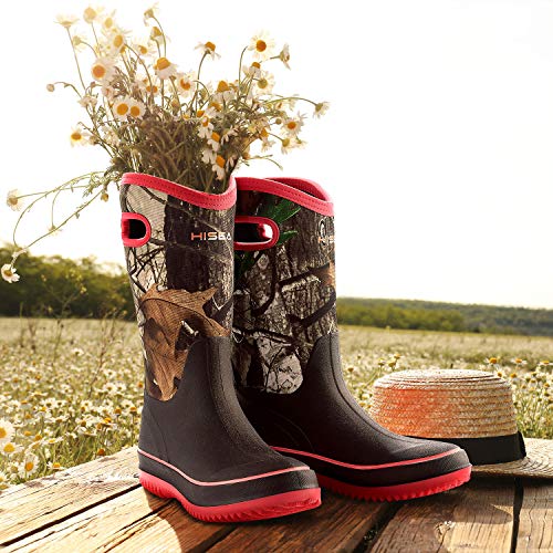 HISEA Women Mud Boots, Mid Calf Neoprene Rubber Boots with Pull on Handle Insulated Barn Boots Womens Waterproof Rain Boots Garden Shoes Womens Rainboots for Farm Gardening Hiking Hunting Fishing