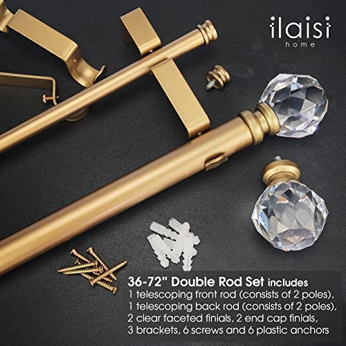ILAISIHOME Double Curtain Rod Set:1-1/8 Inch Diameter Luxury Gold Curtain Rods,36-72 Inch Adjustable Gold Drapery Rod with Crystal-clear Faceted Finials for 1 Pack