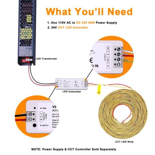 JOYLIT 24V COB CCT LED Strip Light Waterproof 16.4FT/5M 640LEDs/M 2700K-6000K, UL Listed PRO CRI 92+ LED Tape 10000lm Super Bright 90W Dimmable Warm White to Cool White Tunable Light Strip