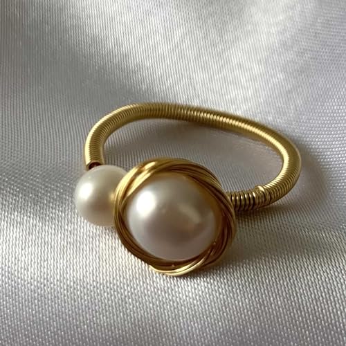 Handcrafted Natural Baroque Pearl Ring Winding Design Opening Adjustable 14k Gold Plated Material Beads