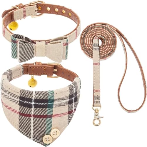 KOOLTAIL Small Dog Collar and Leash Set with Bowtie and Bells - Puppy Collar and Leash for Female with Classic Plaid Matching Pattern, Soft Leather Tangle Free Leashes for Small Dogs Boys Girls,Beige