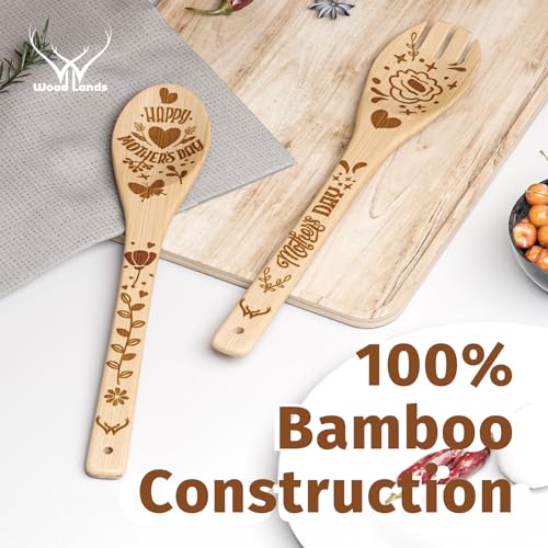 WoodLands Premium Mother’s Day Bamboo wooden spoons for cooking - ideal wooden cooking utensils set Gifts For mom From Daughter - Wood Spoons for Cooking - Wooden Spoon Mothers Day Gifts From Daughter