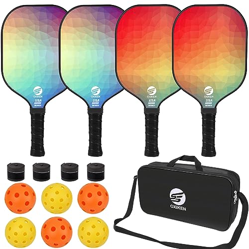 SS OXIKEN Pickleball Paddles Set of 4, USAPA Approved Carbon Fiber Pickle Ball Paddle (CHS), Polypropylene Honeycomb Core, Anti Slip Sweat Absorbing Grip, 4 Replacement Soft Grip, 6 Pickleball, Bag