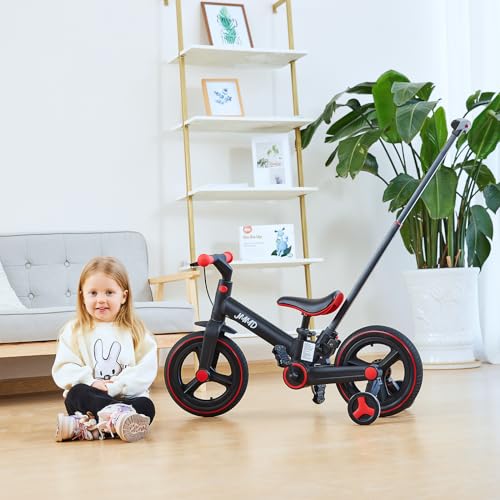 JMMD Toddler Bike with Push Handle for Kids 18 Months-5 Years, 6 in 1 Push Bike with Training Wheels & Pedals, Balance Bike for Boys and Girls with Brakes & Kickstand, Black