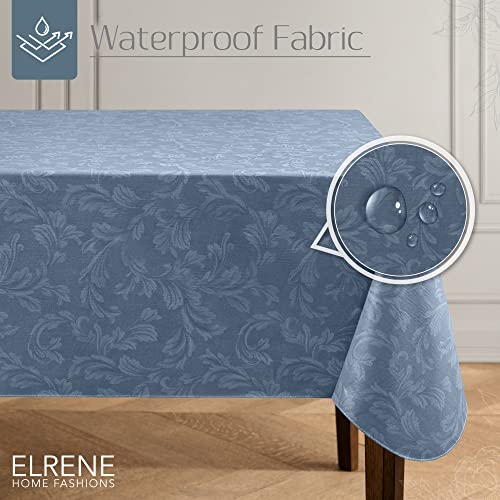 Elrene Home Fashions Camile Floral Damask-Scroll Water- and Stain-Resistant Vinyl Tablecloth with Flannel Backing, 52 Inches X 52 Inches, Square, Blue