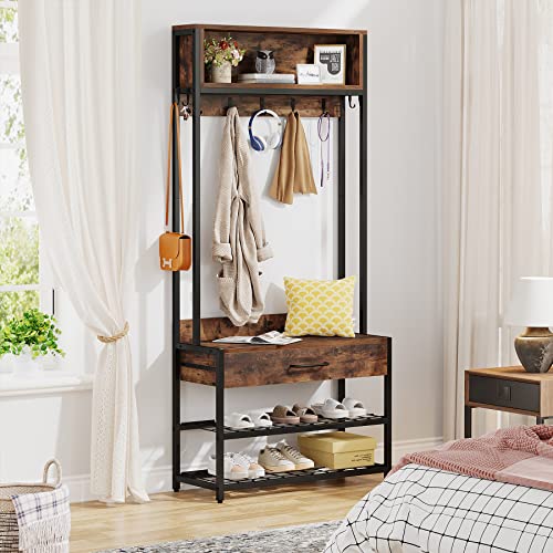 Tribesigns 3-in-1 Entryway Hall Tree with Drawer, Vintage Industrial Coat Rack with Shoe Bench and Hutch, Mudroom Bench with Shoe Storage Rack and 9 Hooks for Living Room Bedroom (Brown)