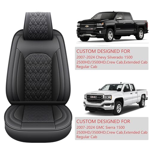 JOJOBAY Chevy Silverado Seat Covers,Leather Seat Covers for GMC Sierra,Custom Fit 2007-2024 1500 2500HD 3500HD Crew Double Extended Regular Cab,LT LZT RST Trail Boss(Front Pair,Black)