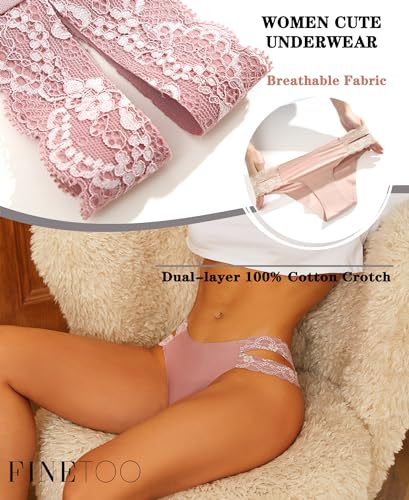 FINETOO Seamless Underwear for Women Cheeky Bikini Panties High Cut V-waist Lace Underwear Women Cute Bikinis 6 Pack