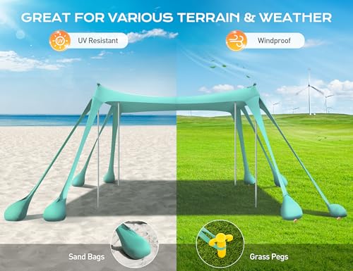 Beach Tent, Beach Canopy UPF50+ UV Protection, 10x10ft Beach Shade Sun Shelter with 8 Sandbags, Sand Shovels, Ground Pegs, Stability Poles for Camping, Fishing, Picnics, Backyard Fun, Light Green