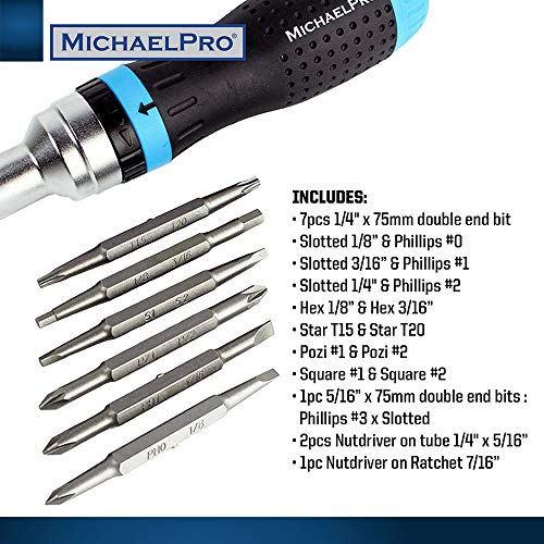 MichaelPro MP002001 Set of 19-in-1 Interchangeable Multi Bit Ratchet Screwdriver Set, All-In-One Multi Screwdriver comes with a Built-In Handle Storage Perfect for Home and Industrial Usage