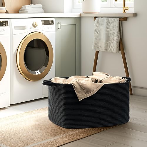 Goodpick Large Laundry Basket, Blanket Basket Living Room, Storage Basket for Toys, Towels, Woven Baskets for Storage, Rope Basket, Dirty Clothes Basket, Rectangle Basket, 21.6" x 14.9" x 11.8", Black