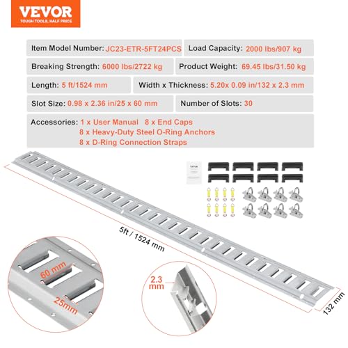 VEVOR E Track Tie-Down Rail Kit, 24PCS 5' E-Tracks Set includes 8 Steel Rails & 8 O-Ring Anchors & 8 Tie-Offs with D-Ring, Versatile Securing Accessories for Cargo Motorcycles Bikes, 2000 lbs Load