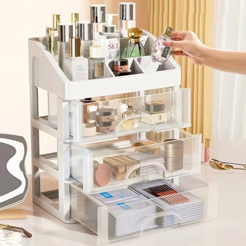 Makeup Organizer with 3 Drawers, Cosmetic Display Cases, Makeup Storage Box (3 Drawers) (white)