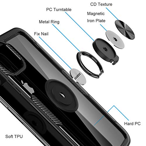 SQMCase Designed for iPhone 11 Case 6.1 inch 2019, Carbon Fiber Design Clear Crystal Anti-Scratch Case with 360 Degree Rotation Ring Kickstand(Work with Magnetic Car Mount) for iPhone 11,Black