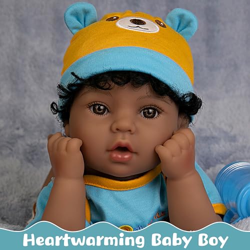 EKOKIZ Lifelike Reborn Baby Doll 18-Inch American African Baby Boy Newborn Baby Doll Soft Cloth Body Real Life Baby Dolls for Kids 3+, Complete with Clothes and Toy Accessories