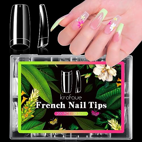 krofaue Clear False Nails Tips - French Nail Tips 200PCS Half Cover Nails French Lady Soft Gel Style Manicure with Box of 10 Sizes for Professional Nail Salons and Extensions Home DIY