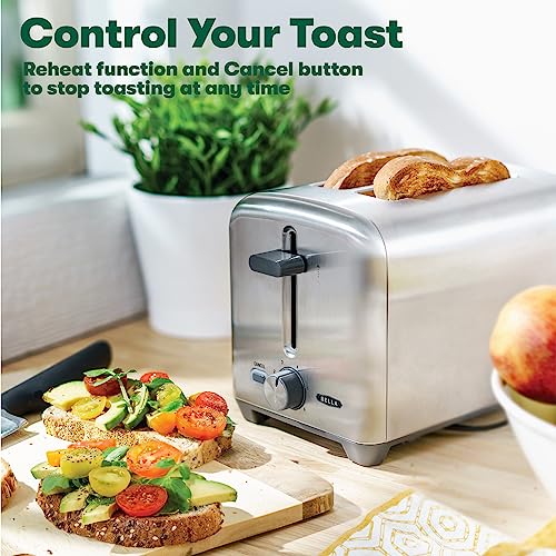 bella Stainless Steel 2 Slice Toaster with Extra Wide Slots & Removable Crumb Tray - 6 Browning Options, Auto Shut Off & Reheat Function - Toast Bread, Bagel & Waffle