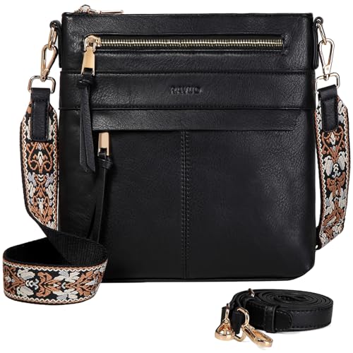 RAVUO Crossbody Bags for Women, Vegan Leather Shoulder Purse Ladies Casual Wallet Satchel with 2 Detachable Straps Black