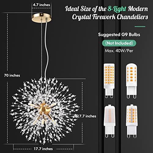 Modern Gold Crystal Chandeliers Firework, 8-Light Dandelion Chandelier, Semi Flush Mount Ceiling Light Fixtures, Stainless Steel Pendant Light for Bedroom Foyer Hallway Entryway Kitchen, G9 Socket