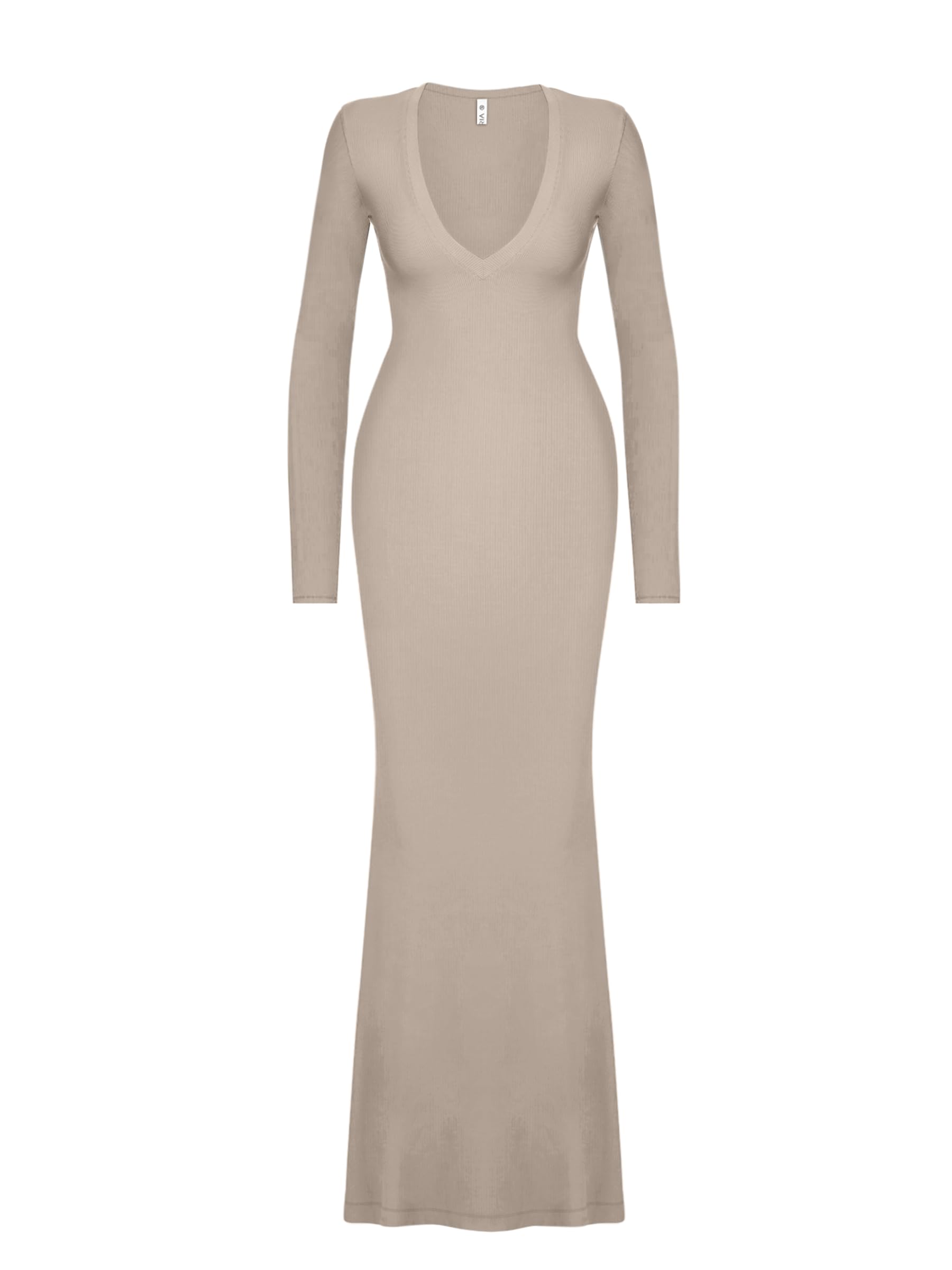 REORIA Women's Maxi Dress Formal Long Sleeve Wedding Guest V Neck Flowy Fishtail Long Dresses Cocktail Night Out Fall Outfits Khaki Large