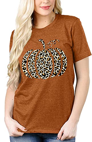 Halloween Pumpkin Shirt Women Leopard Graphic Tees Short Sleeve Fall T-Shirt Thanksgiving Gift Tops