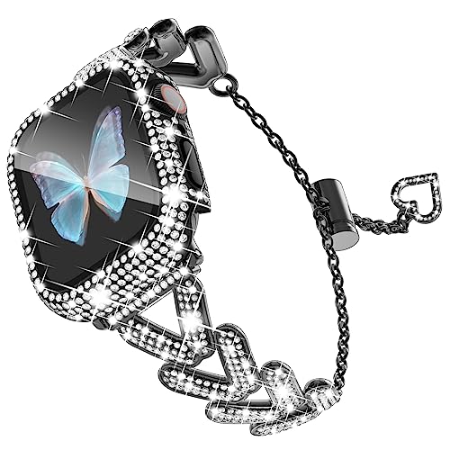 WINGLE for Apple Watch Band with Case 38mm Women Series 3 2 1, Luxury Diamond Sparkle Rhinestone Crystal Designer Dressy Chain Bracelet Metal Band with Bling Screen Protector Case, 38 mm Black