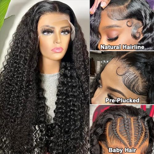 HIGUM 13x4 Deep Wave Lace Front Wigs Human Hair HD Transparent Deep Curly Lace Front Wigs Human Hair 180% Density Frontal Glueless Wigs for Women Human Hair Pre Plucked with Baby Hair (24 Inch)