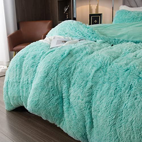 EMME Luxury Fuzzy Duvet Cover Set Twin Size Fluffy Comforter Cover Set for Twin Bed Shaggy and Plush Soft Bedding Duvet Covers (Aqua, Twin)