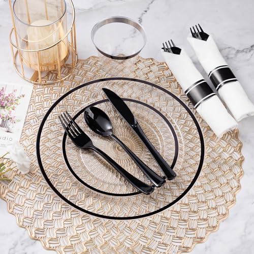 Goodluck 175 Piece Black Plastic Dinnerware Set for Party, Clear Disposable Plates for 25 Guests, Include: 25 Dinner Plastic Plates, 25 Dessert Plates, 25 Pre Rolled Napkins with Cutlery Set, 25 Cups