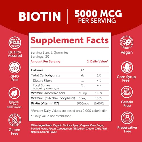 Biotin Gummies with Vitamin C & E - Tastiest Proprietary Formula-5000mcg Non-GMO Hair Skin and Nails Vitamins Gummies for Women - Vegan Biotin Supplement - Biotin Gummies for Hair Growth - 6 Pack