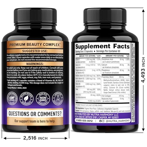 Biotin | Collagen | Hyaluronic Acid | Keratin - Clinically Tested Supplement - Hair Growth Support, Skin & Nails - 25000 mcg Vitamins B2, B3, B6 & B7 + B1 - Made in USA - Women & Men | 120 Capsules