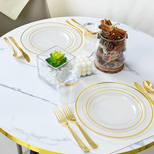 I00000 60 Pcs Clear Gold Plastic Plates, Gold Disposable Plates Includes: 30 Dinner Plates 10.25" and 30 Dessert Plates 7.5 ", Premium Clear Plates Prefect for Wedding and Gold Plates Party/Birthday