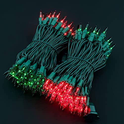 YULETIME 200 Red Green Christmas Lights, Pack of 2 Sets 33 Feet 100 Count UL Certified Incandescent String Lights (Red & Green - Green Wire)