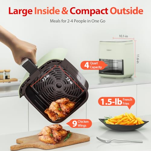 Air Fryer,Beelicious 8-in-1 Smart Compact 4QT Air Fryers,Shake Reminder,450°F Digital Airfryer with Flavor-Lock Tech,Tempered Glass Display,Dishwasher-Safe & Nonstick,Fit for 1-3 People,Avo Green