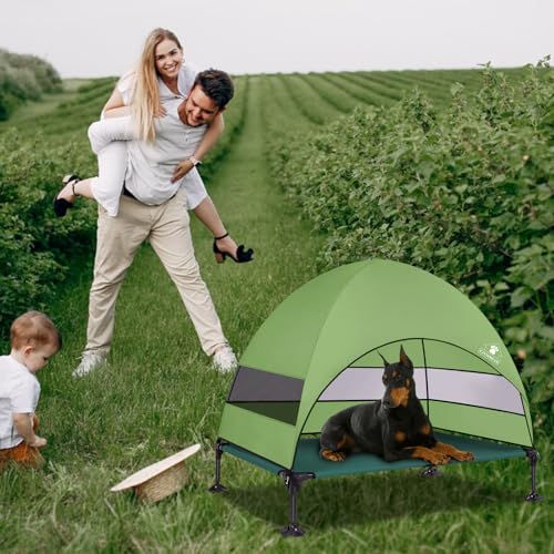 Elevated Dog Bed with 2024 Newest Canopy, Raised Outdoor Dog Bed with Powerful Anti-Slip Feet, Portable Pet Bed Cot with Larger Shade, Raised Large Dogs Cooling Bed for Camping, Indoor & Outdoor